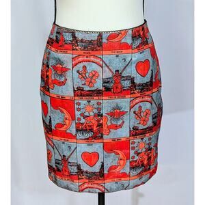 Miaou Tarot Print Bodycon Mini Skirt Red Blue Graphic Size M